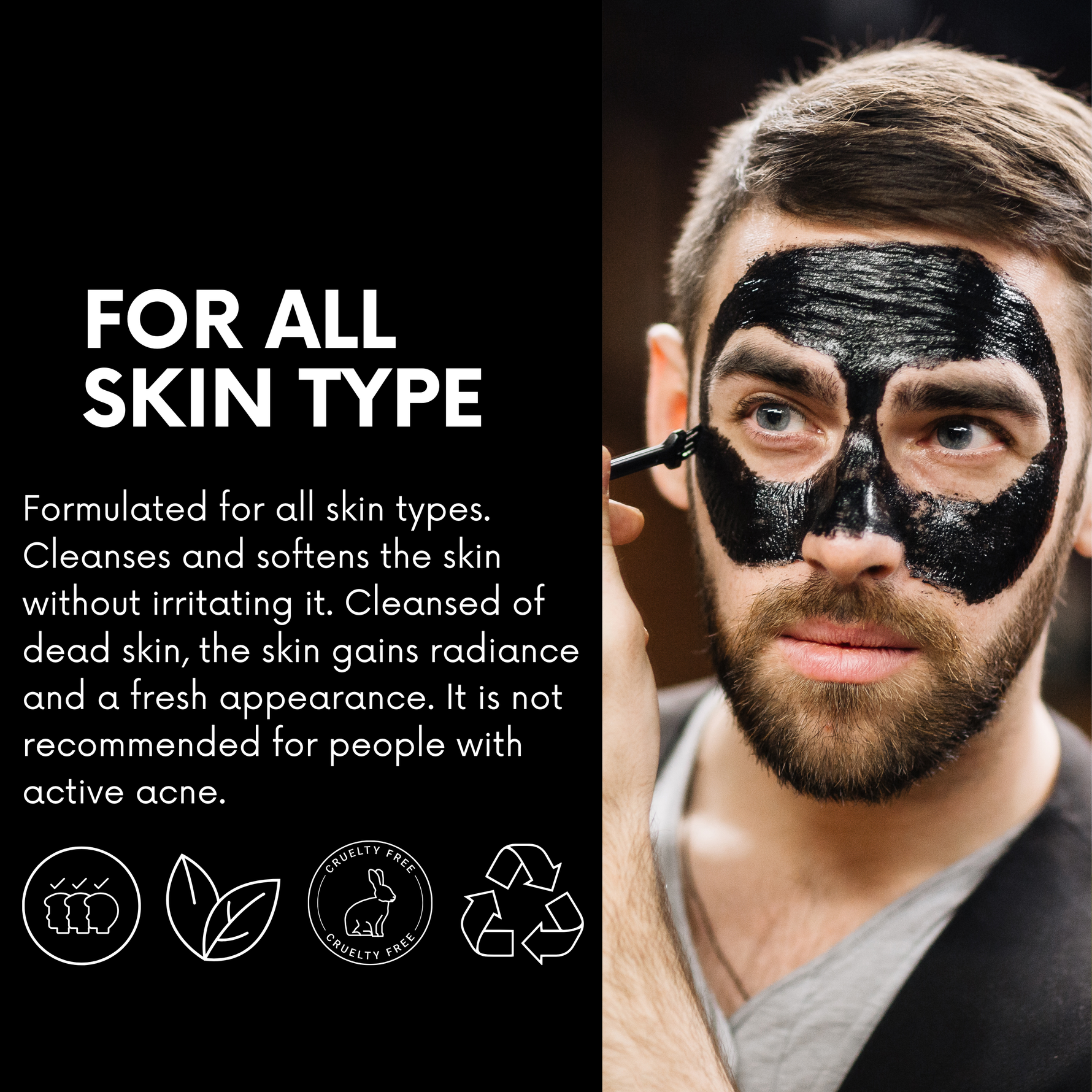Charcoal peel-off mask being brushed onto a man's face