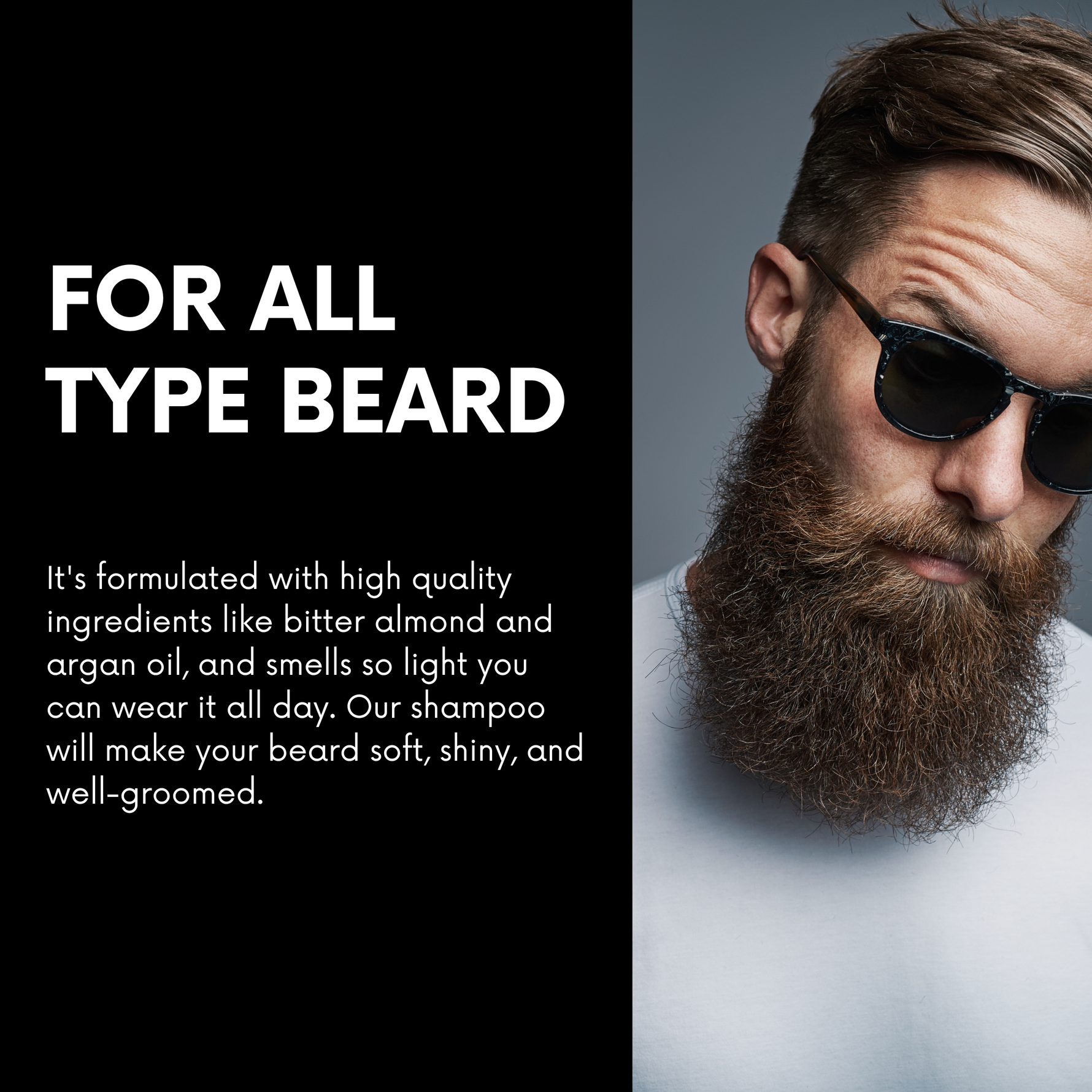 Bearded man in sunglasses, beard groomed and conditioned