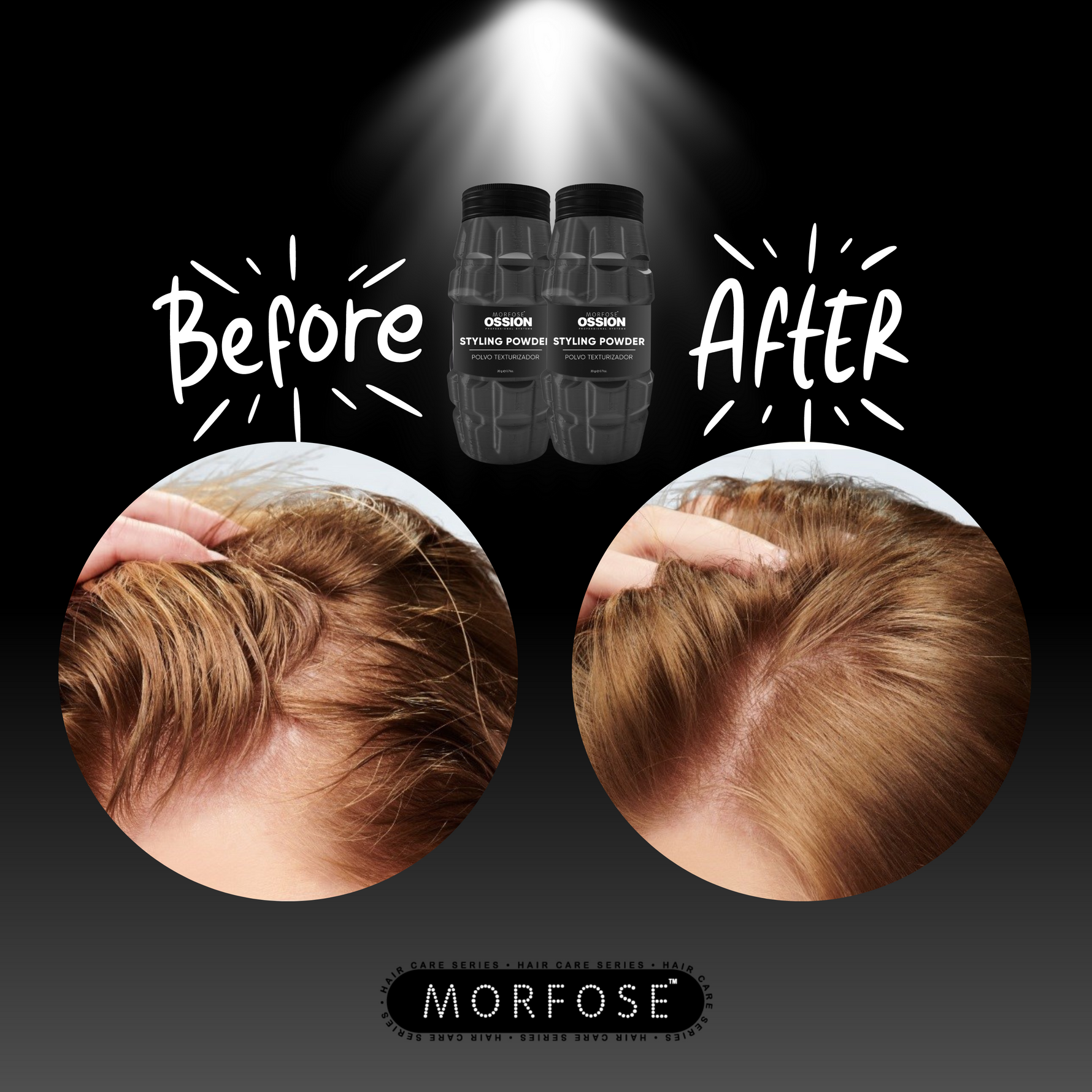 Hair before and after Ossion Styling Powder, flat roots lifted into fuller volume