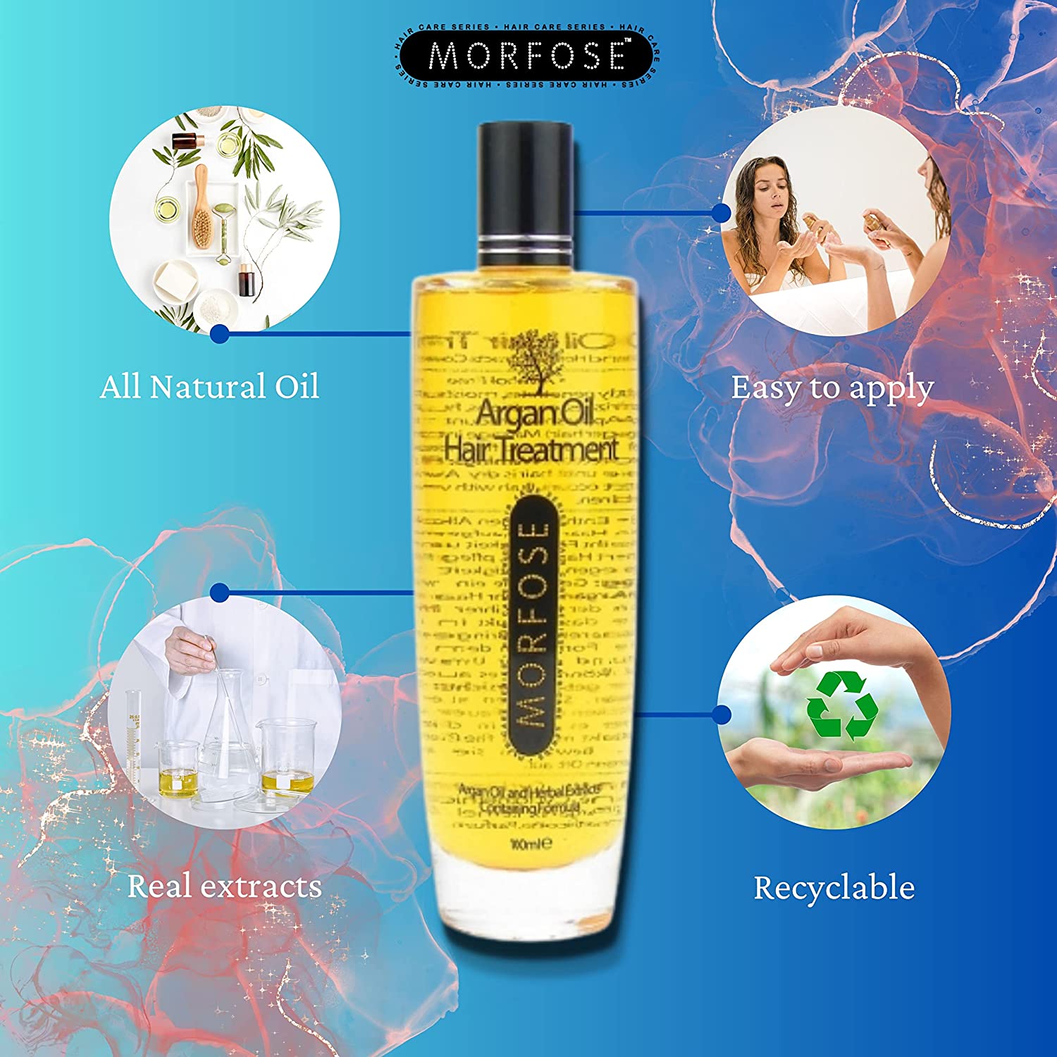 Morfose Argan Oil Hair Treatment bottle on a blue infographic showing natural oil and recyclable icons