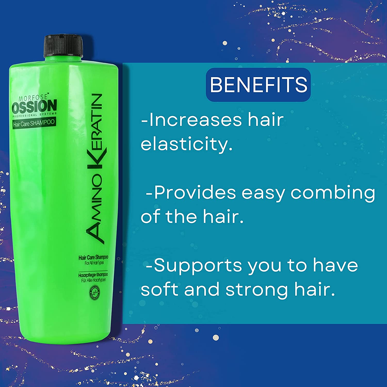 Green Ossion Amino Keratin bottle on a blue background listing elasticity and combing benefits