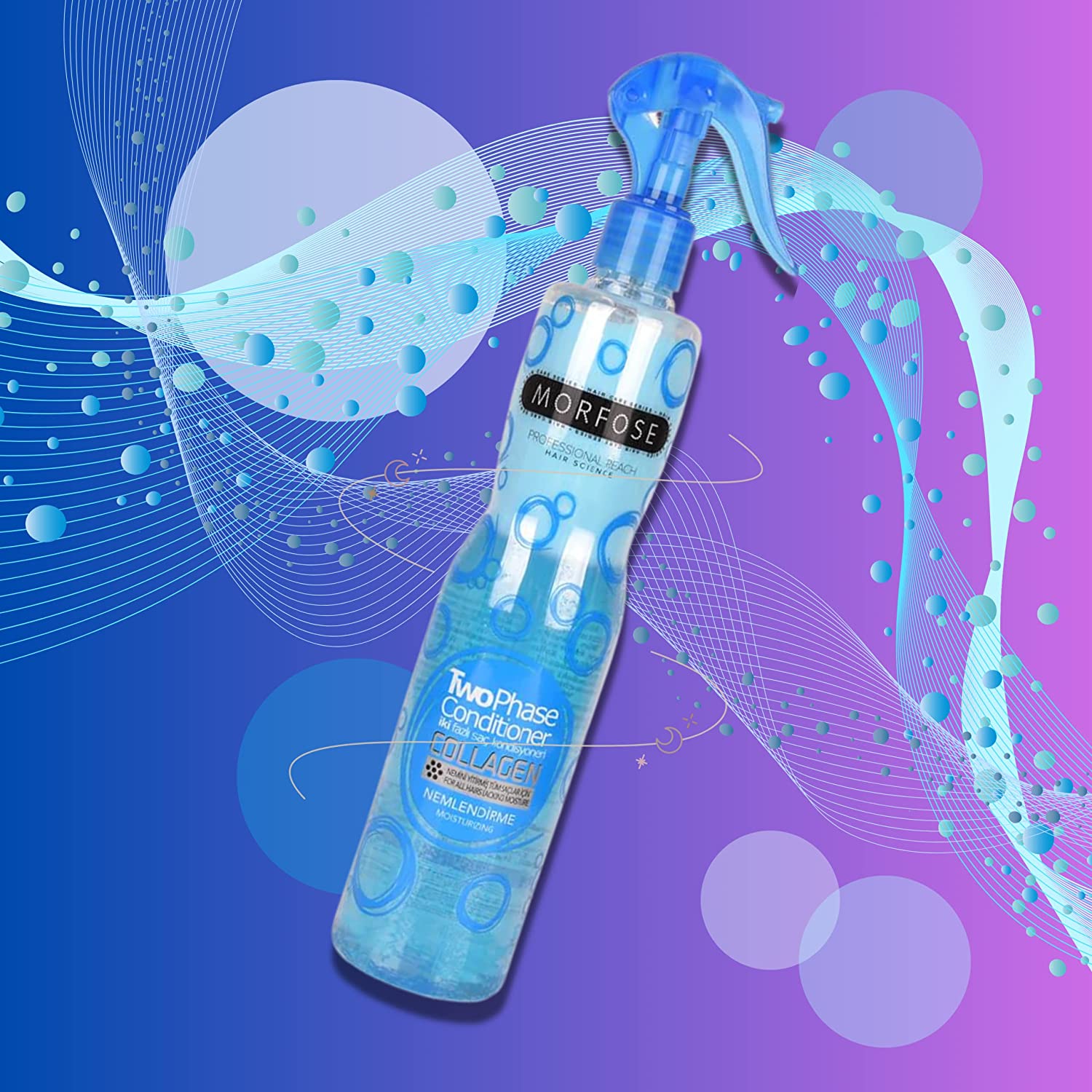 Morfose hair detangler spray bottle on a blue and purple background with water swirls