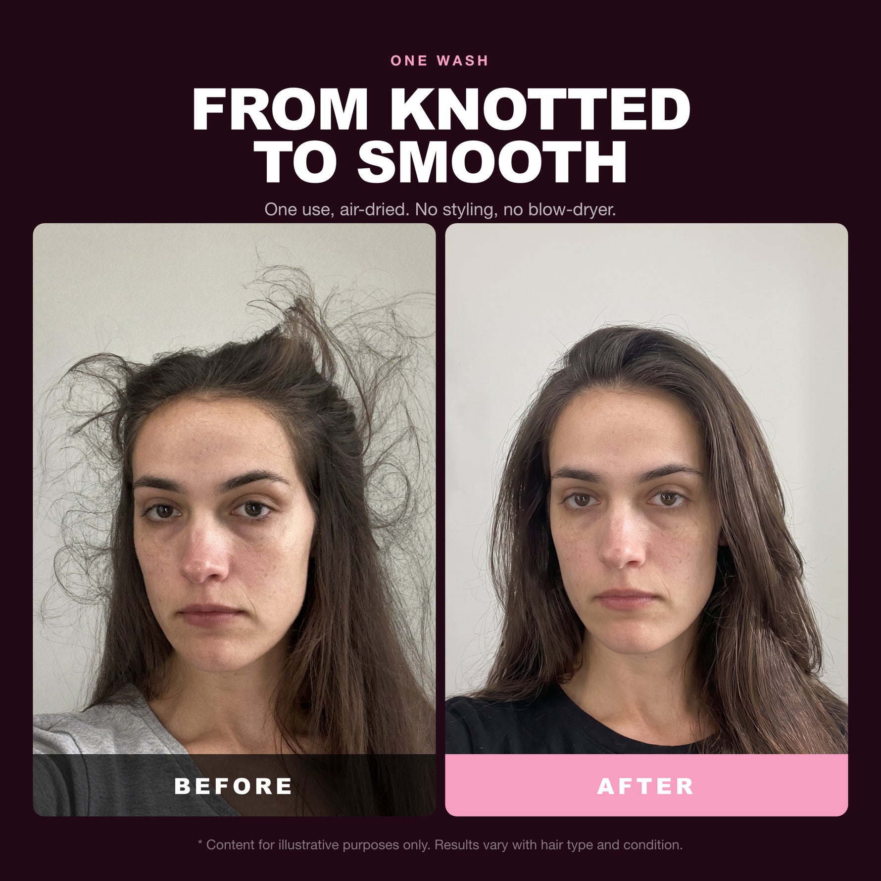 Morfose Glossy Touch Two-Phase Conditioner before and after, one use, air-dried