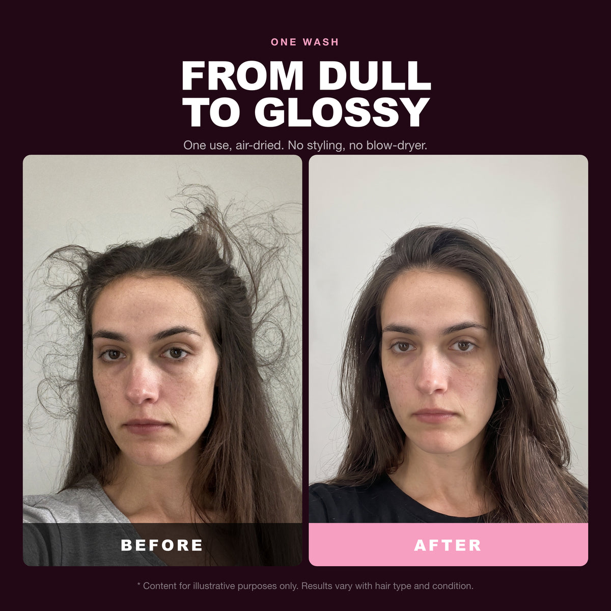 Morfose Glossy Touch Hair Mask before and after, one use, air-dried