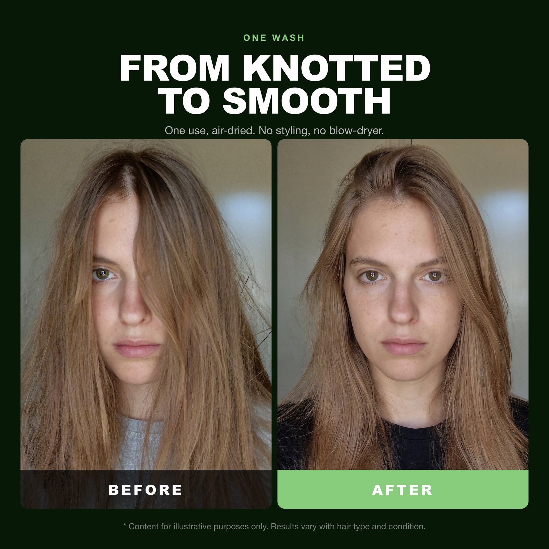 Morfose Pure Detox Two-Phase Conditioner before and after, one use, air-dried