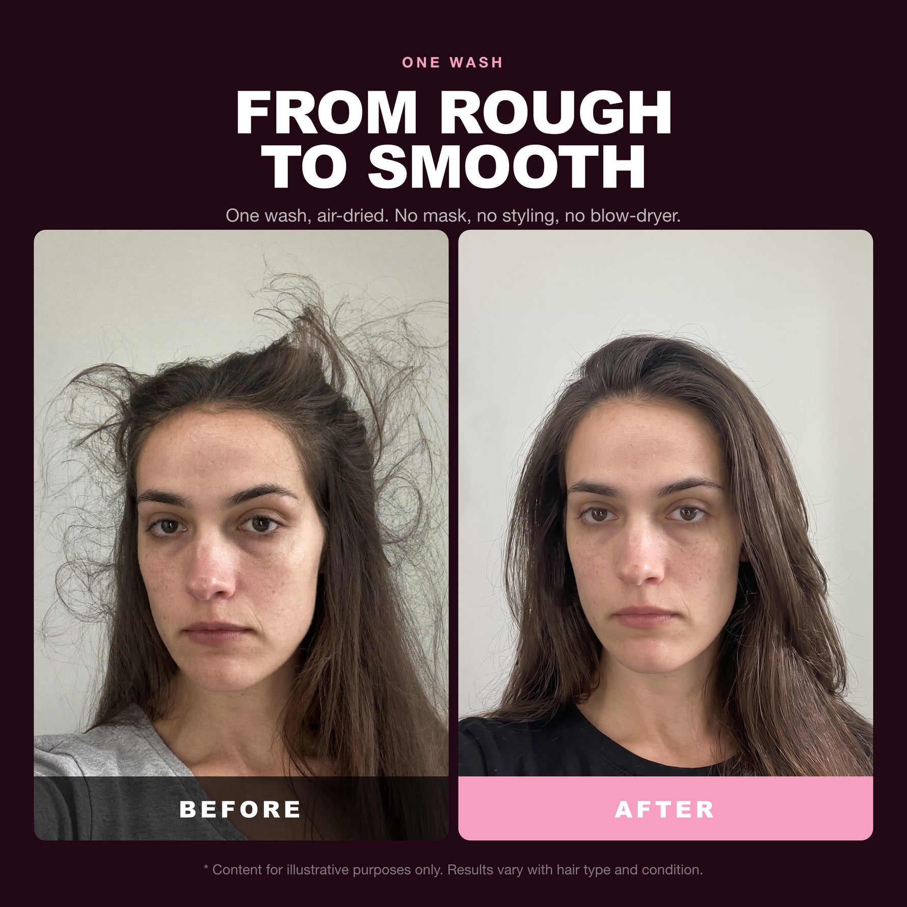 Morfose Glossy Touch Hair Conditioner before and after, one use, air-dried
