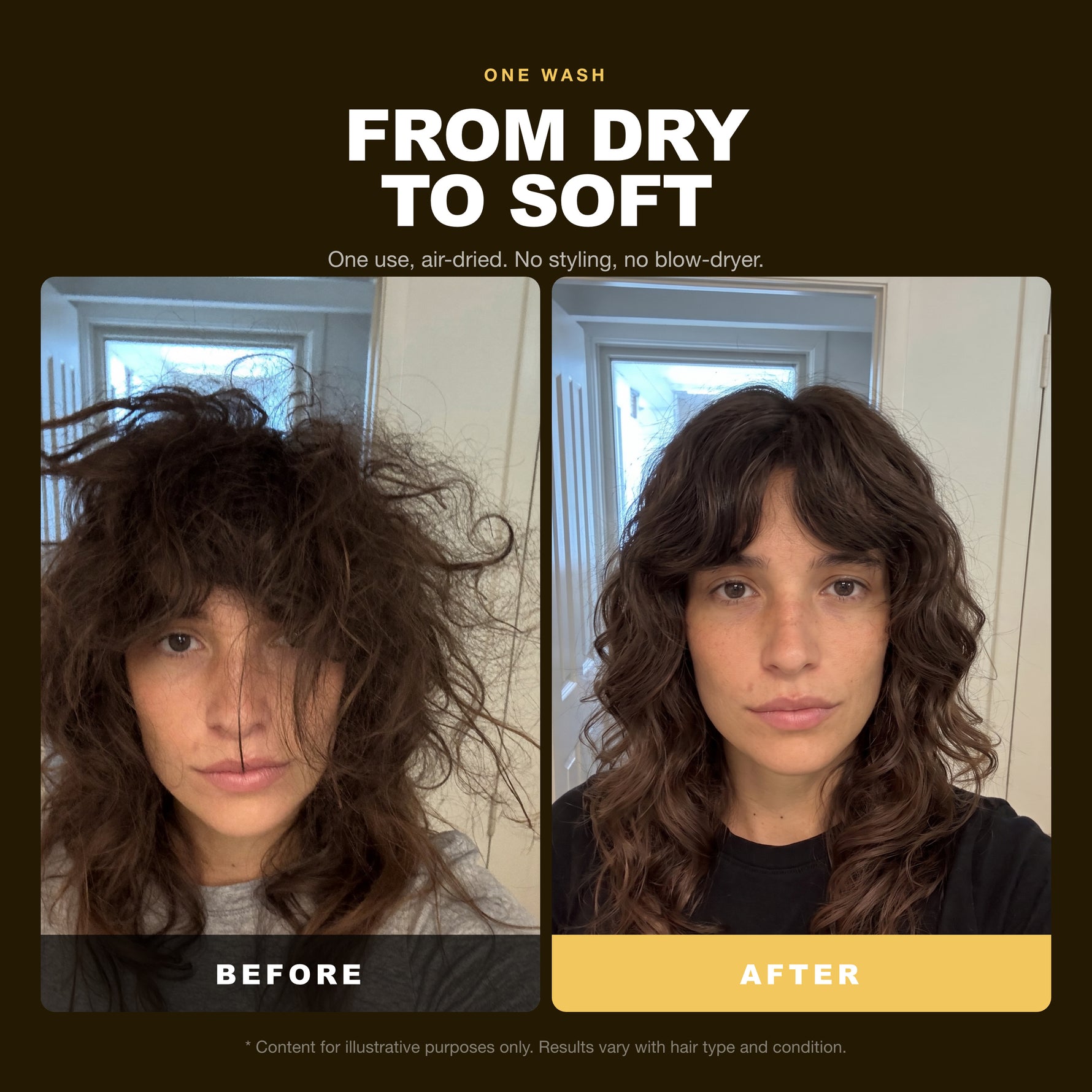 Morfose Bond Care Hair Mask before and after, one use, air-dried