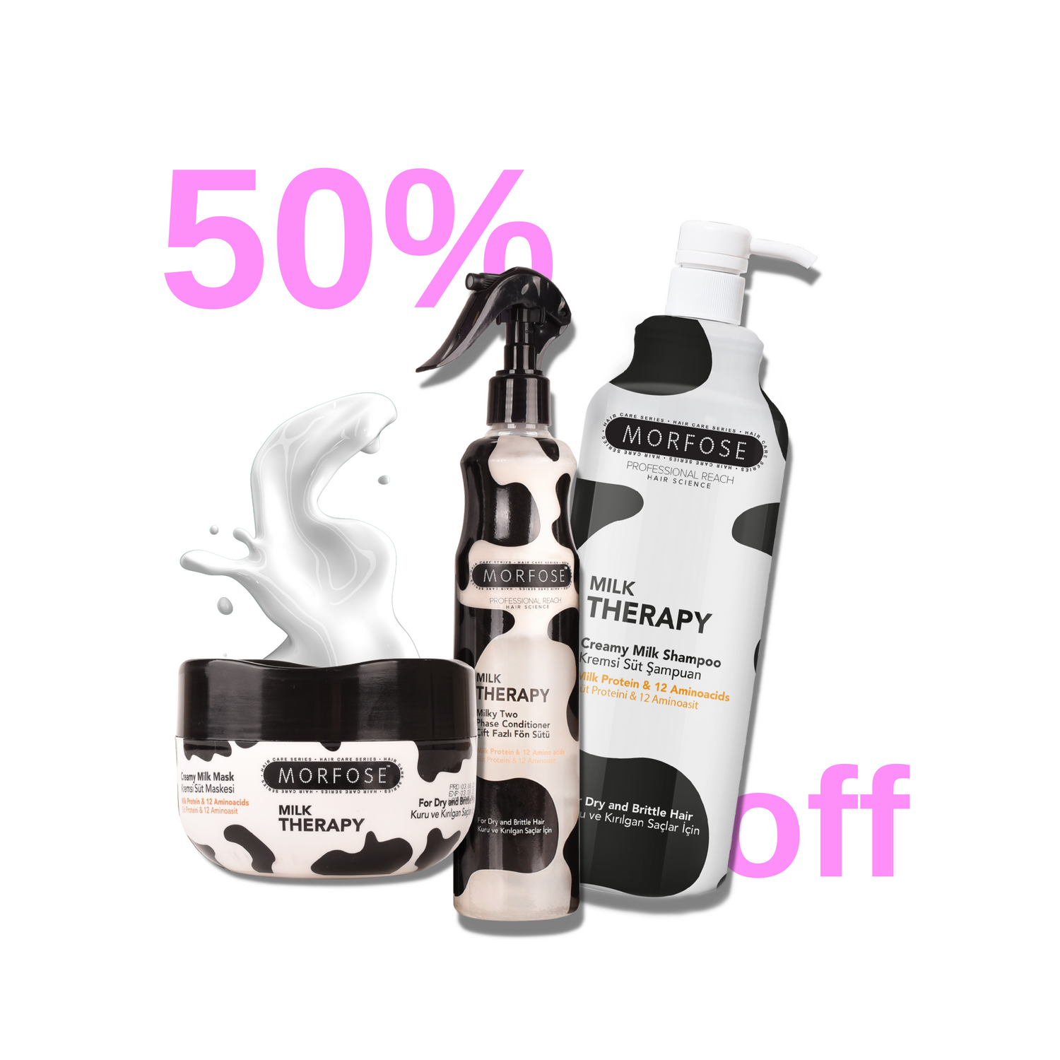 Morfose Professional Milk Therapy Creamy Hair Shampoo, Conditioner, and Mask for Dry, Damaged, or Brittle Strands, Repairs and Protects, Eliminates Dryness, Damage, and Split Ends - themorfose