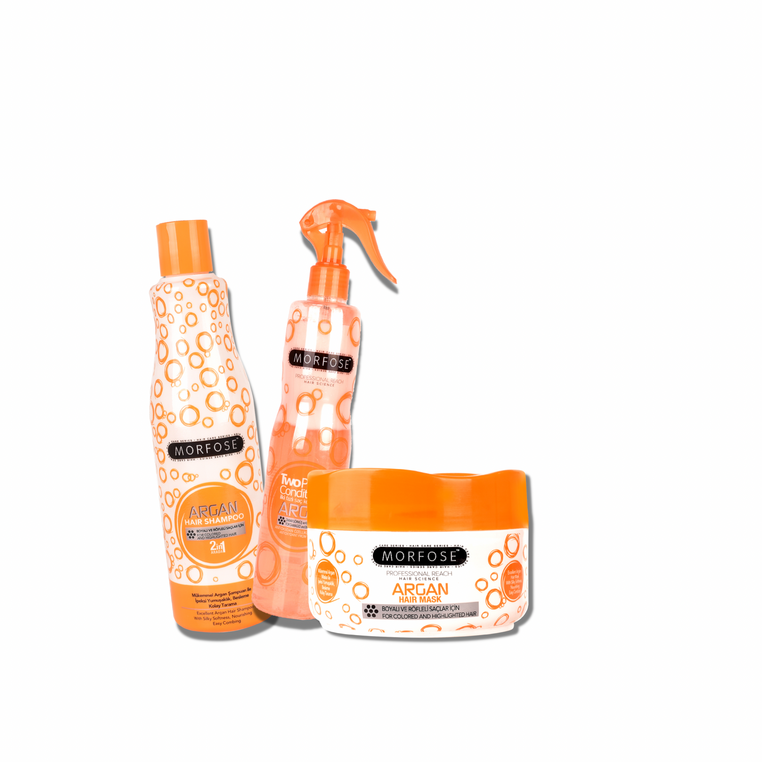 Morfose Argan Hair Care Set - Leave-In Conditioner, Shampoo, and Hair Mask Trio - themorfose