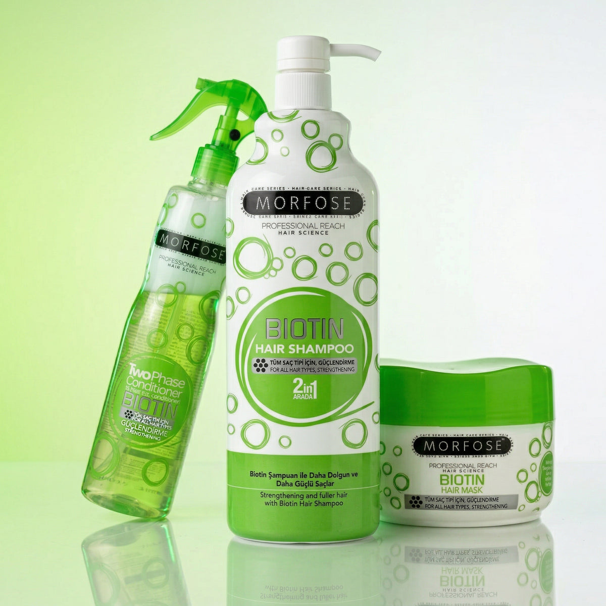 Everything included in the Morfose Biotin Hair Care Set: Shampoo, Mask & Leave-In Trio, shown together on white