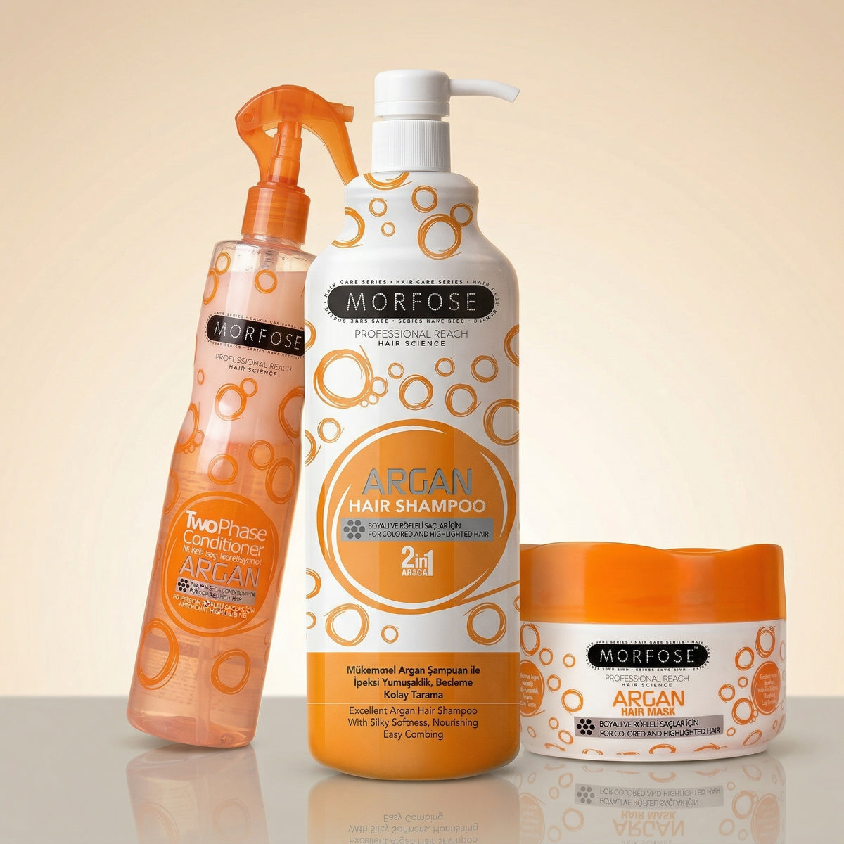 Everything included in the Morfose Argan Hair Care Set: Shampoo, Mask & Leave-In Trio, shown together on white