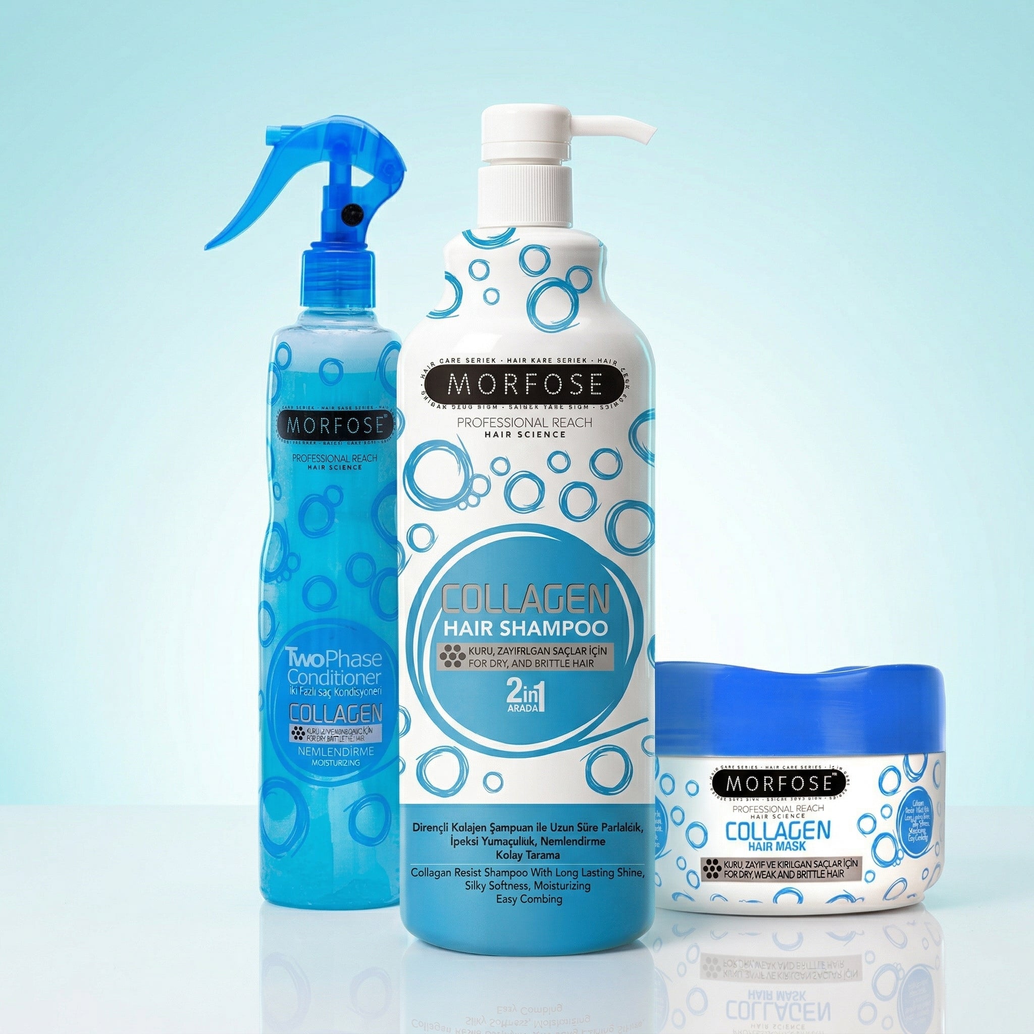 Everything included in the Morfose Collagen Hair Care Set: Shampoo, Mask & Leave-In Trio, shown together on white
