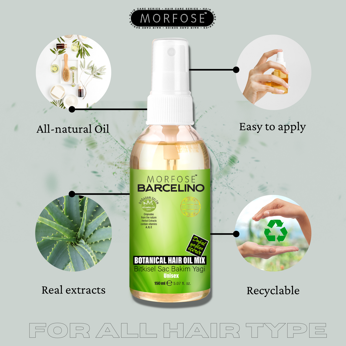 Morfose Barcelino Hair Oil, 12 different Oils, Promotes Thick, Long and Healthy Hair, Lightweight, Non-greasy Formula, Unisex, 5.07 Fl Oz - themorfose