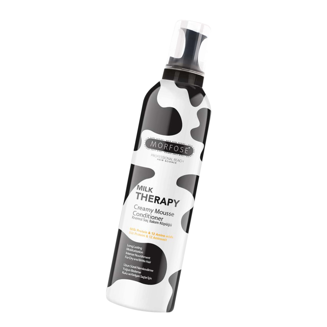 Morfose Milk Therapy Creamy Mousse Conditioner can in black and white cow print, on a white background