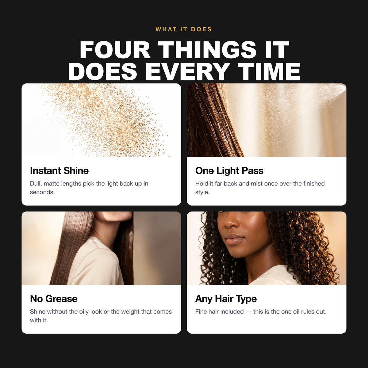 Morfose Styling Shining Spray benefits: Instant Shine, One Light Pass, No Grease