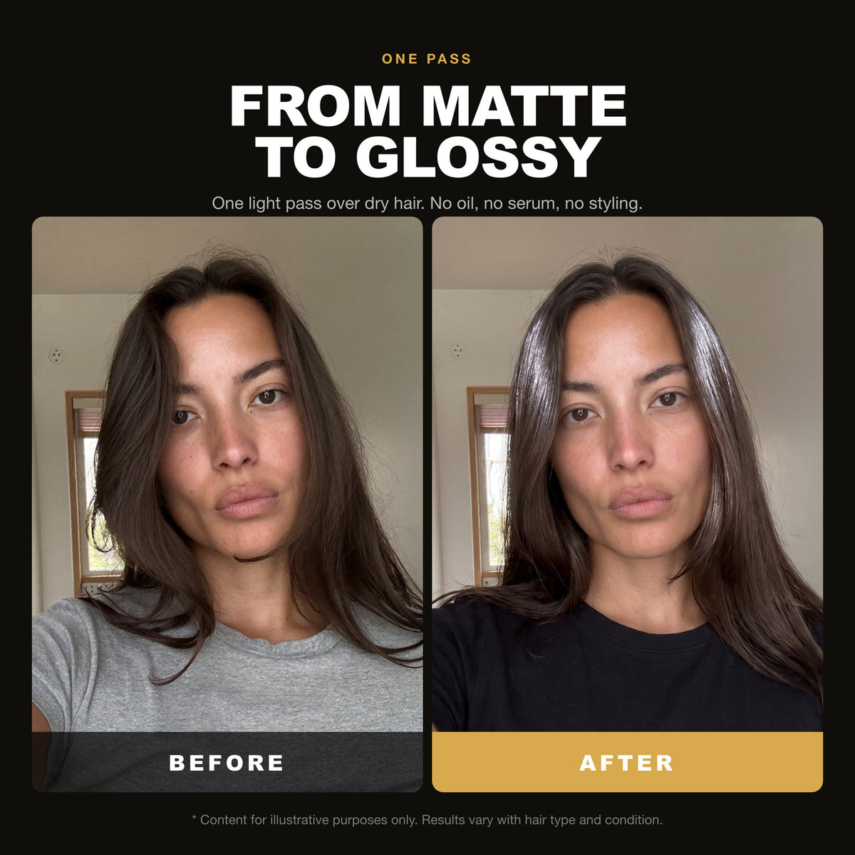 Morfose Hair Shining Spray before and after: hair before styling and the finished look