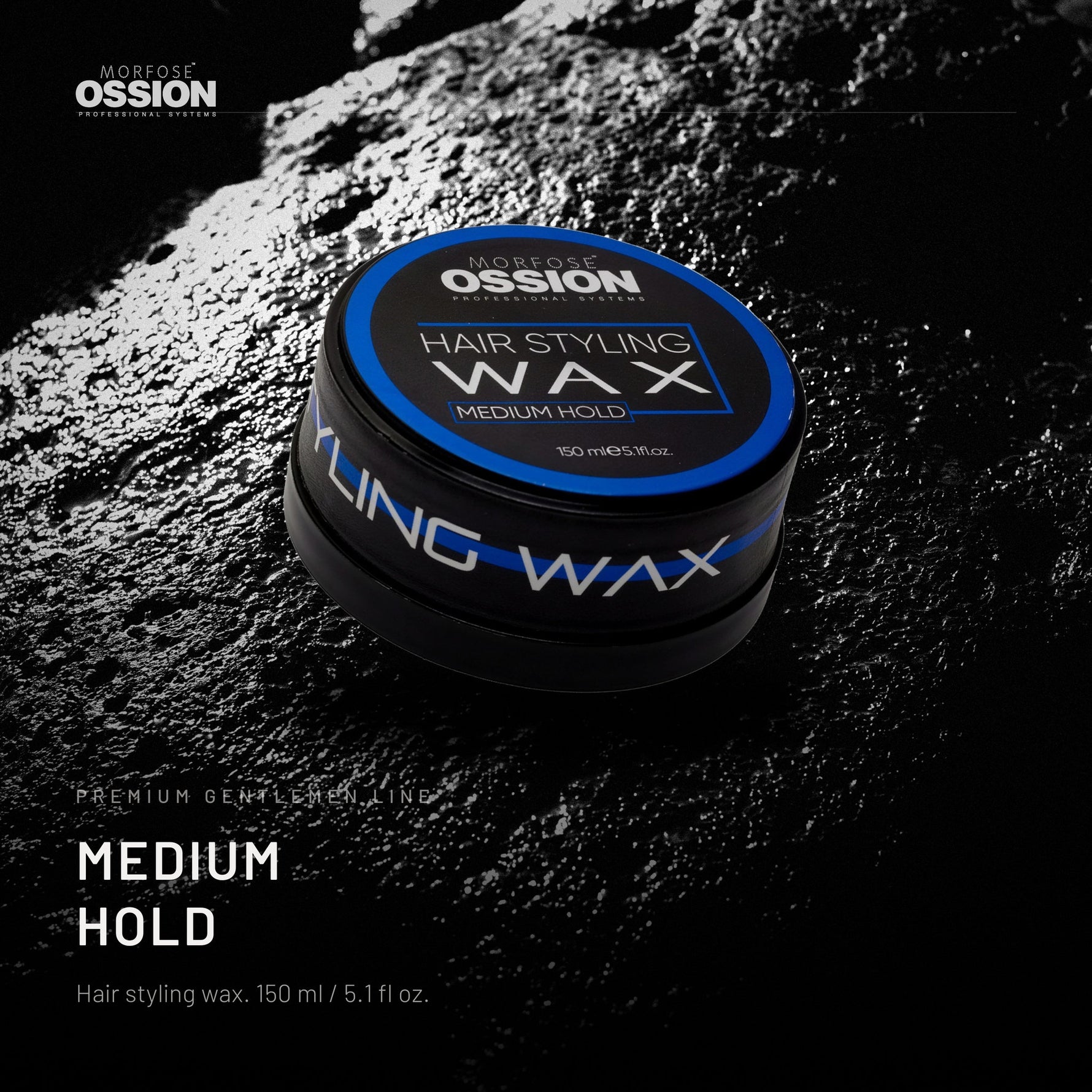 Ossion Medium Hold Wax tin on wet black stone, lit from one side
