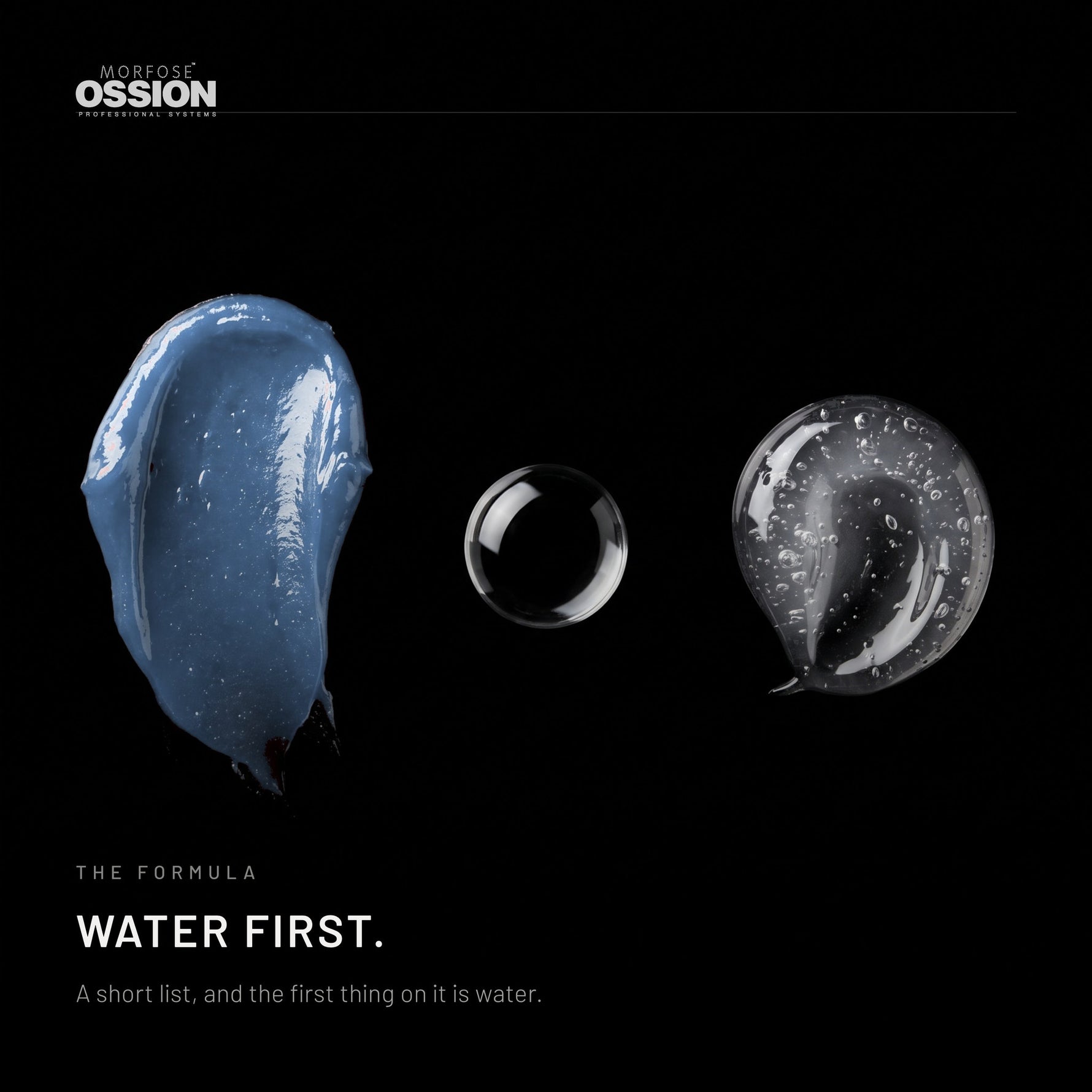 Ossion Medium Hold Wax: the tinted wax, a water bead and clear gel on black