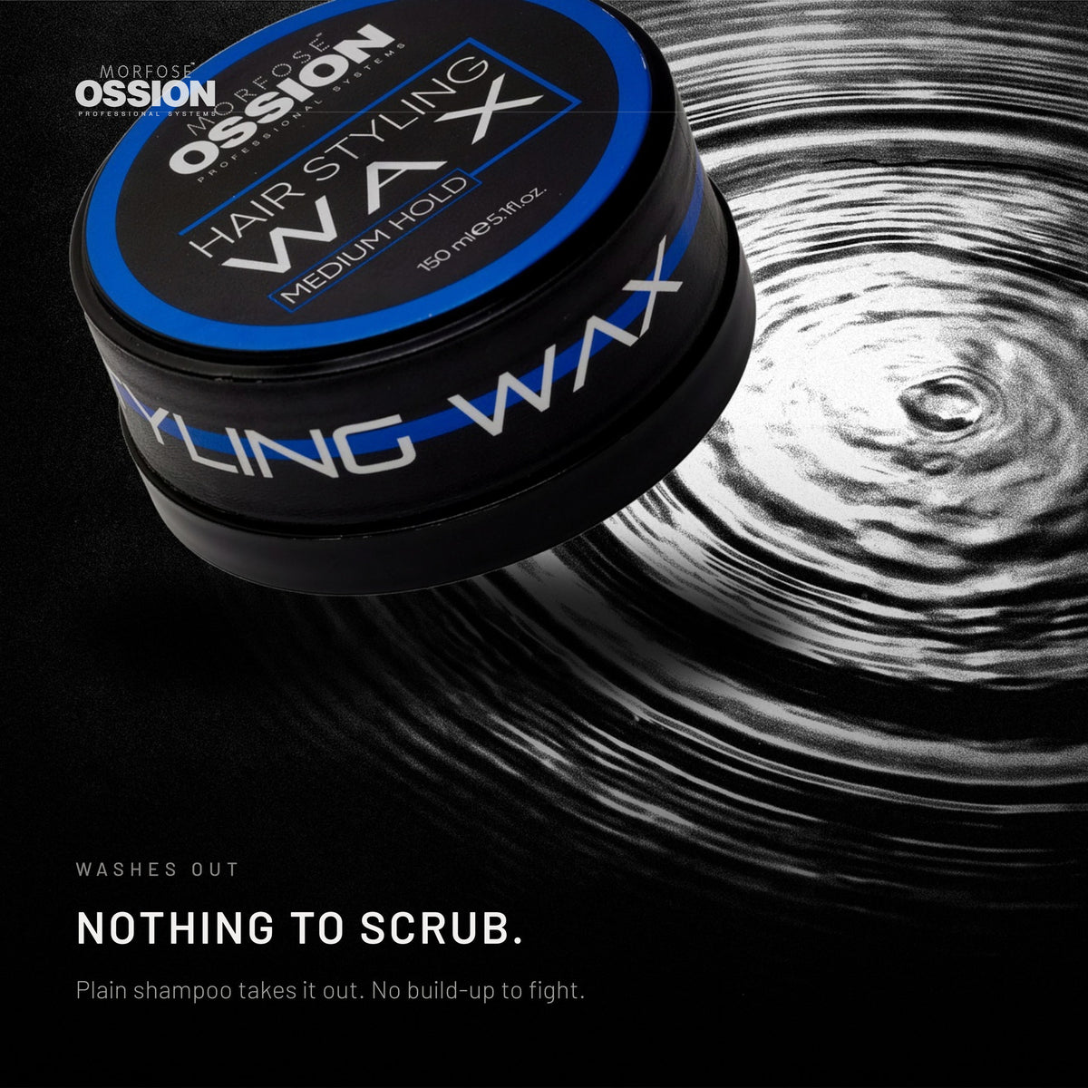 Ossion Medium Hold Wax tin resting on rippling water