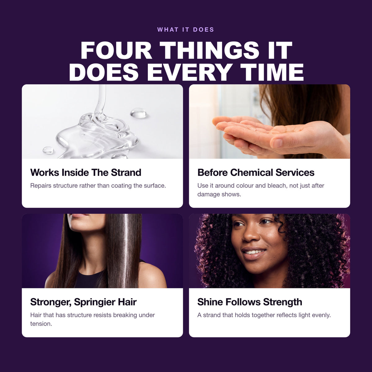 Morfose Styling Bond Treatment benefits: Works Inside The Strand, Before Chemical Services