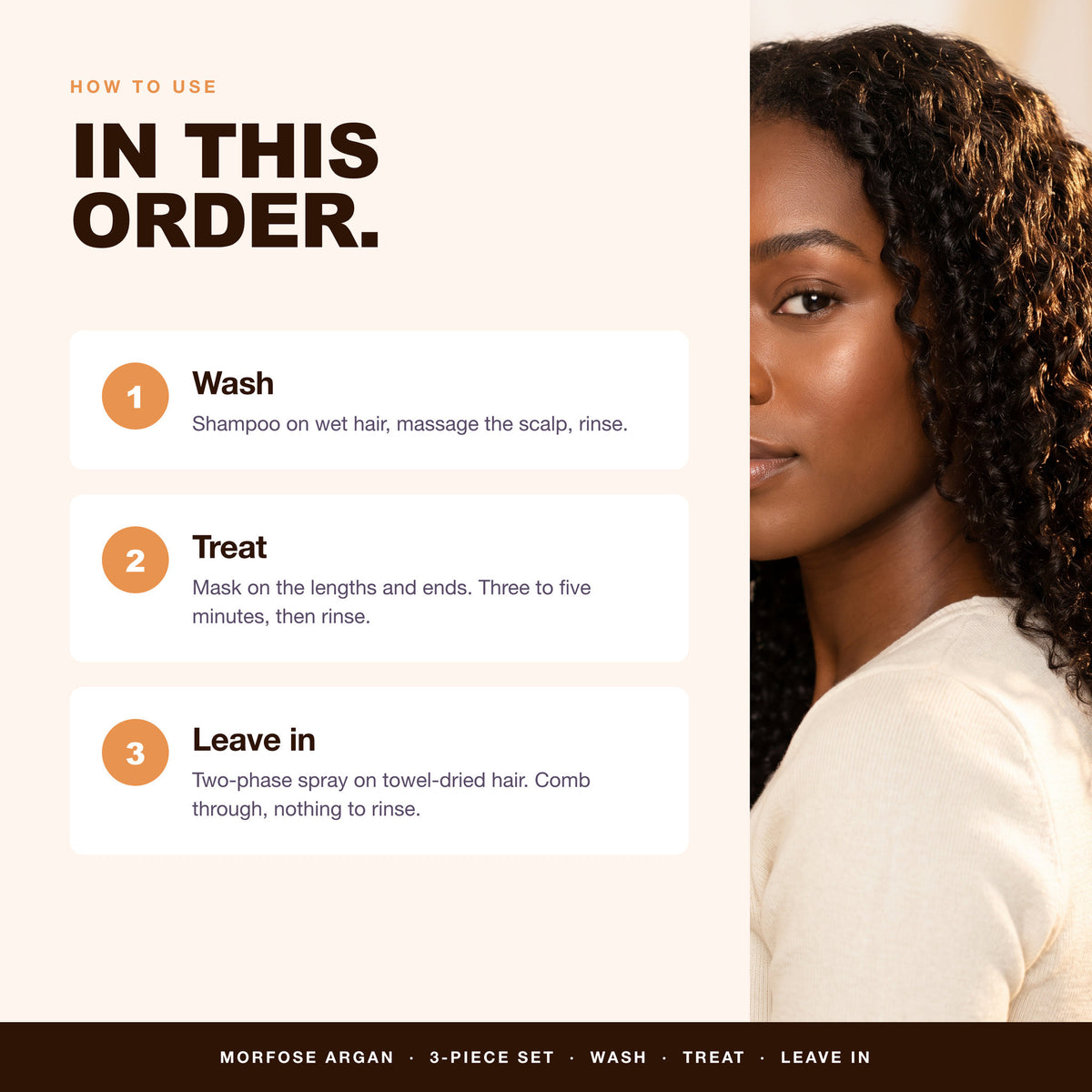 How to use the Morfose Argan set in order: wash, treat, leave in