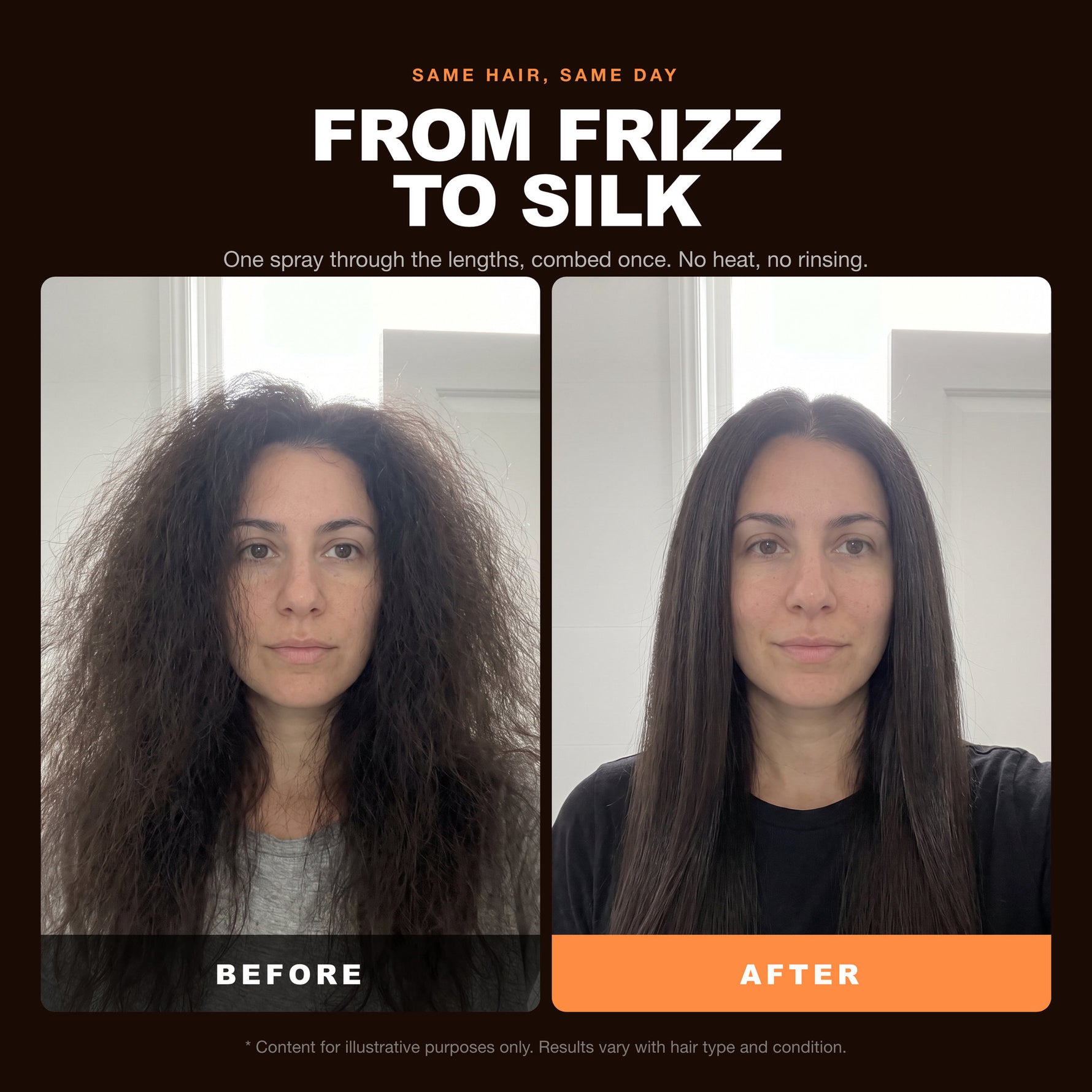 Morfose Argan Two Phase Leave-In Conditioner before and after: hair before styling and the finished look