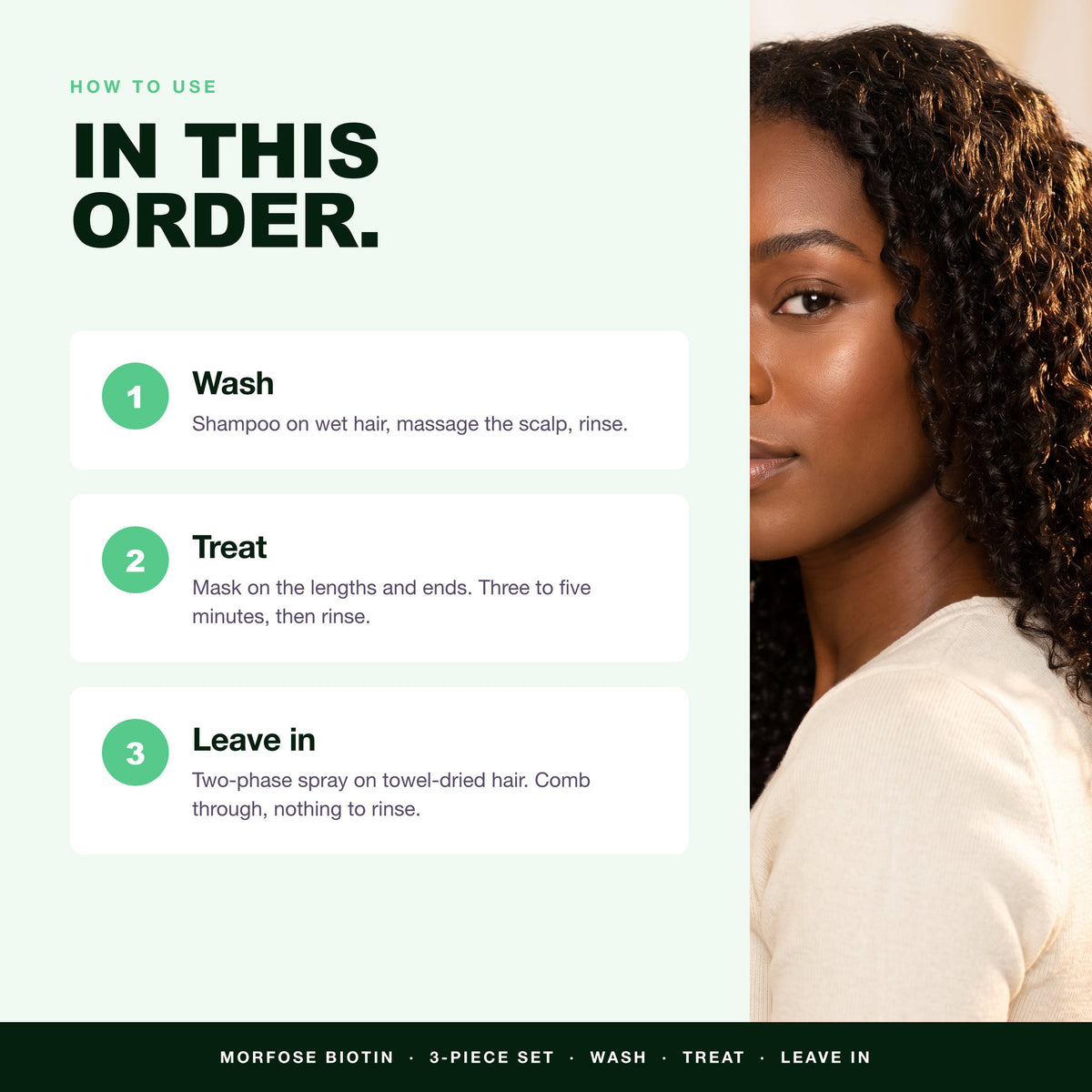 How to use the Morfose Biotin set in order: wash, treat, leave in