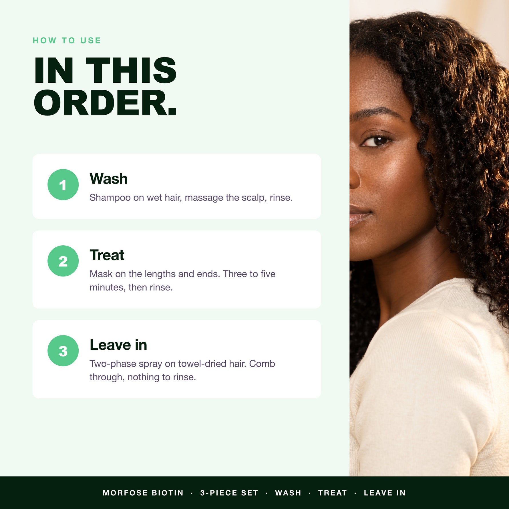 How to use the Morfose Biotin set in order: wash, treat, leave in