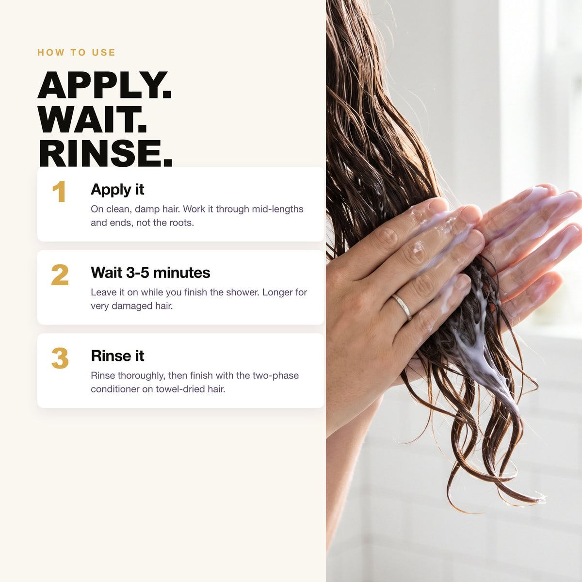 How to use Morfose Milk Therapy hair mask: apply, wait five minutes, rinse
