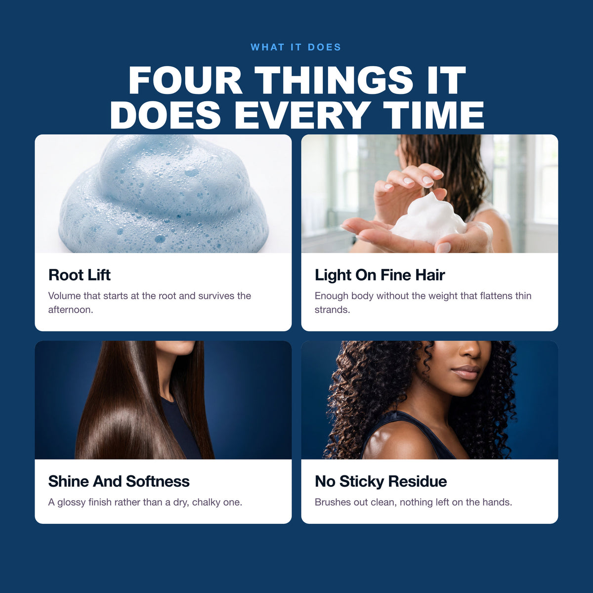 Morfose Styling Hair Mousse benefits: Root Lift, Light On Fine Hair, Shine And Softness