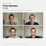 Before and after Morfose Hair Wax Stick: flyaways along a parting and a frizzy ponytail laid flat