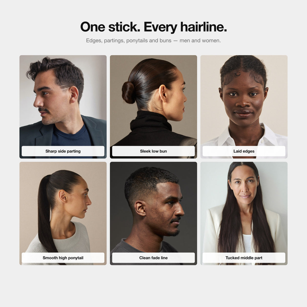 Morfose Hair Wax Stick on six looks: side parting, low bun, laid edges, ponytail, fade line, middle part
