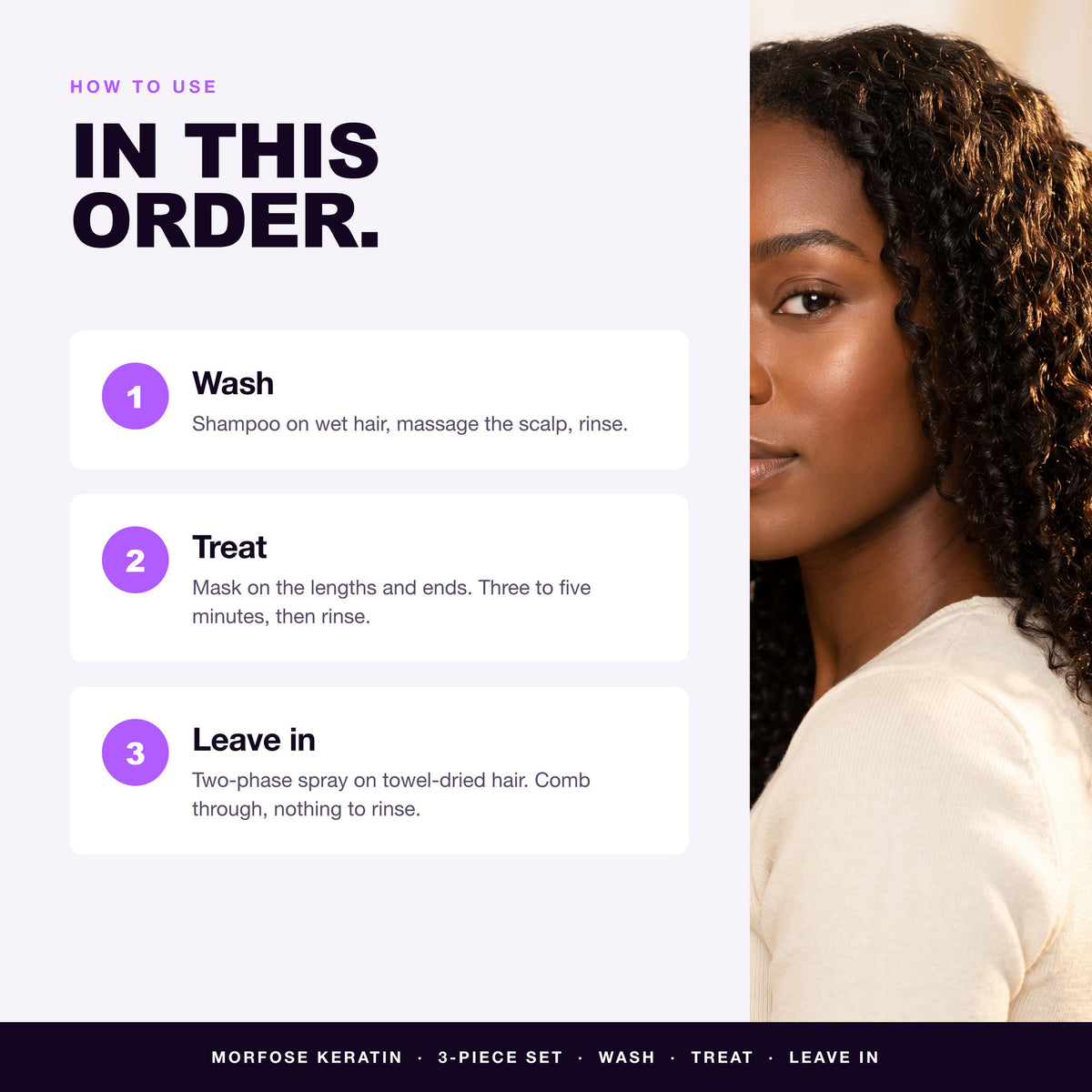 How to use the Morfose Keratin set in order: wash, treat, leave in