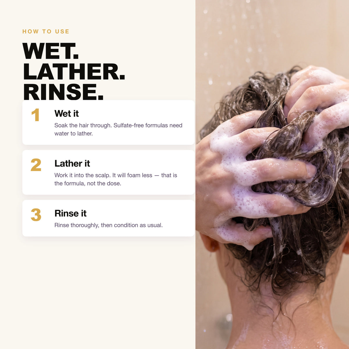 How to use Morfose Professional Milk Biotin + Retinol Shampoo: wet, lather, rinse