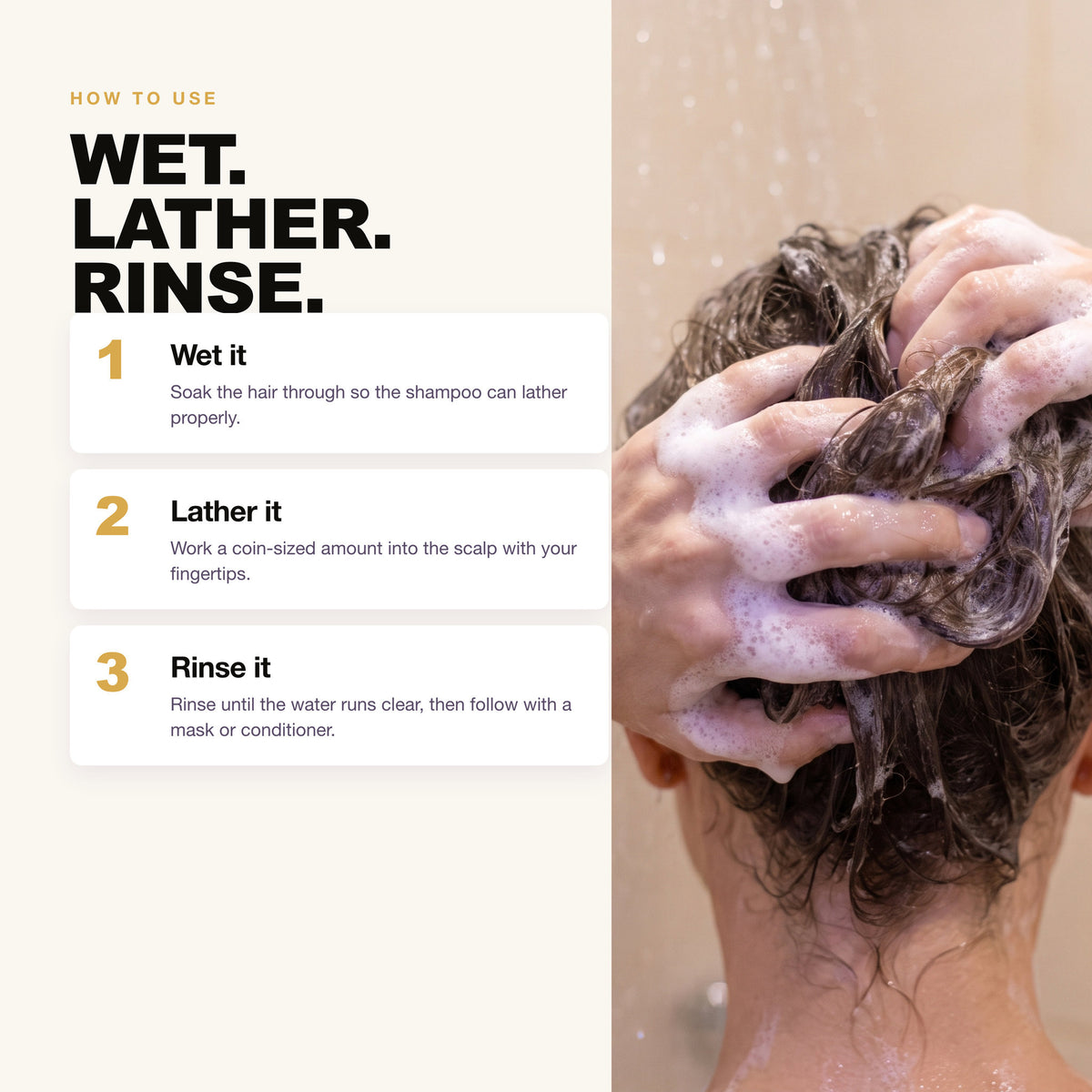 How to use Morfose Professional Milk Keratin Shampoo: wet, lather, rinse