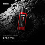 Ossion Red Storm After Shave bottle on wet black stone, lit from one side