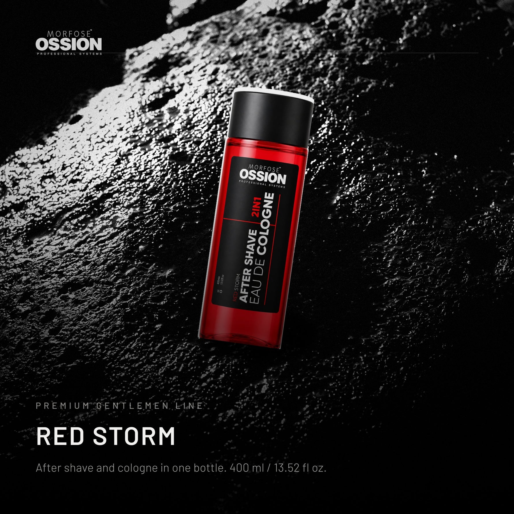 Ossion Red Storm After Shave bottle on wet black stone, lit from one side