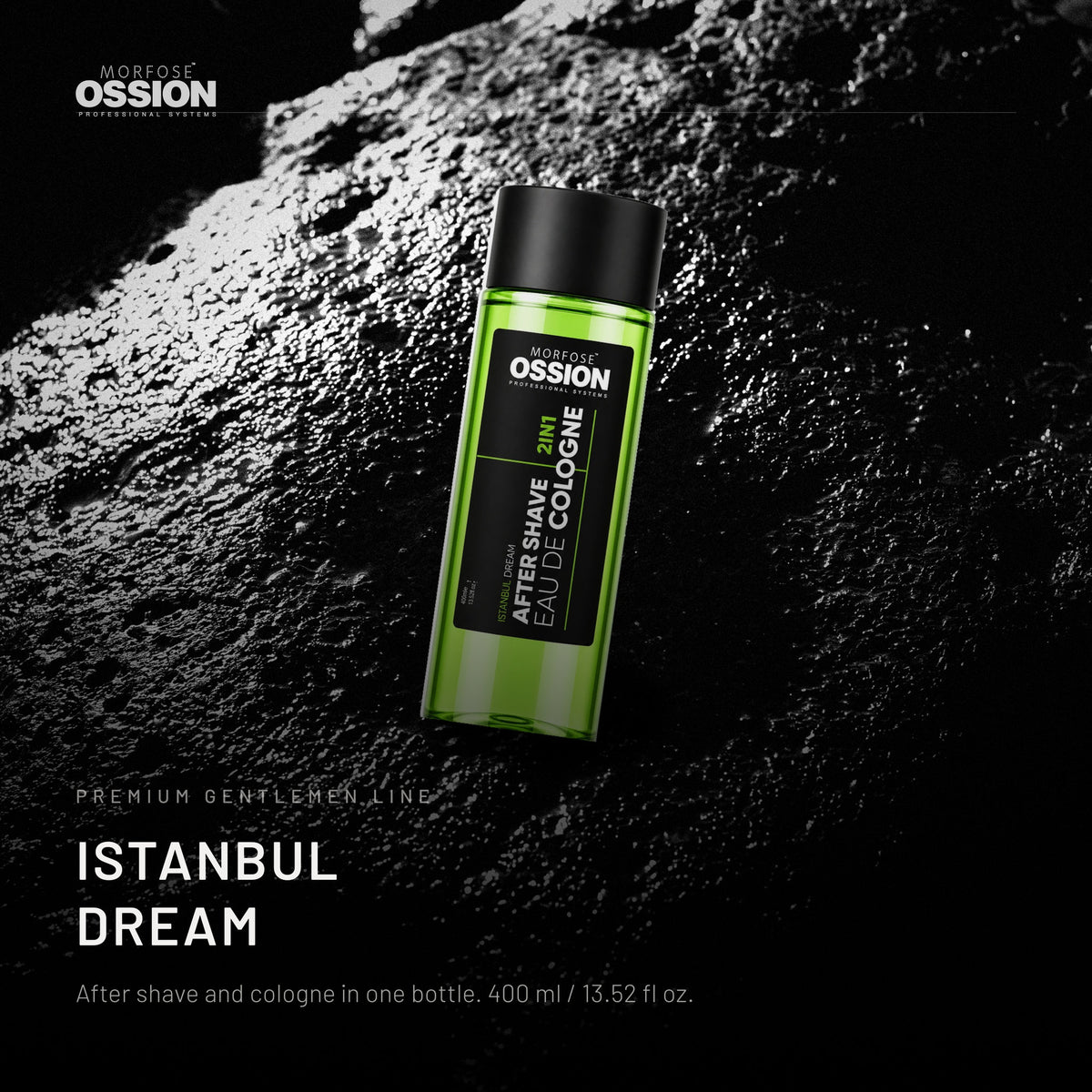 Ossion Istanbul Dream After Shave bottle on wet black stone, lit from one side