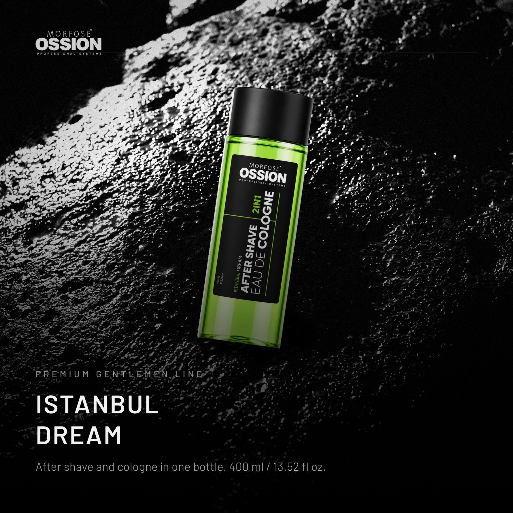 Ossion Istanbul Dream After Shave bottle on wet black stone, lit from one side