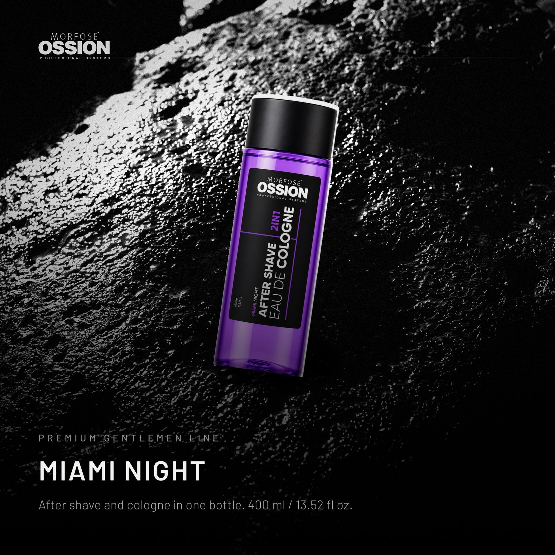 Ossion Miami Night After Shave bottle on wet black stone, lit from one side