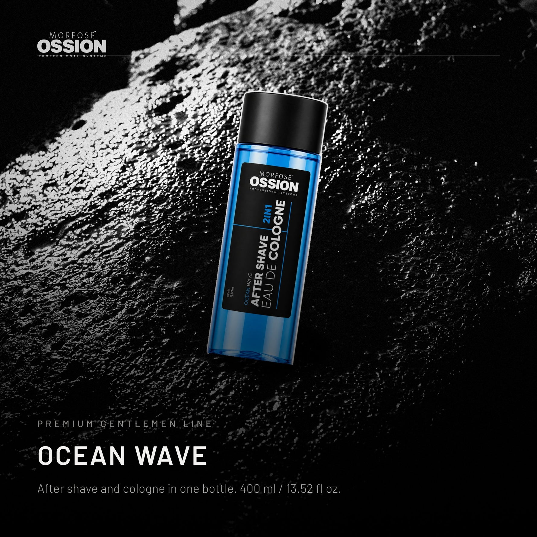 Ossion Ocean Wave After Shave bottle on wet black stone, lit from one side