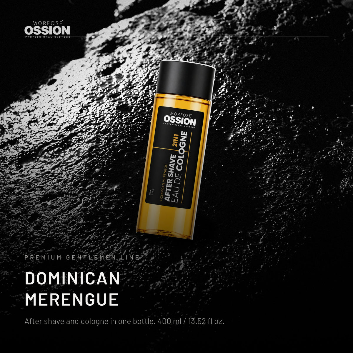 Ossion Dominican Merengue After Shave bottle on wet black stone, lit from one side