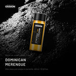 Ossion Dominican Merengue After Shave bottle on wet black stone, lit from one side