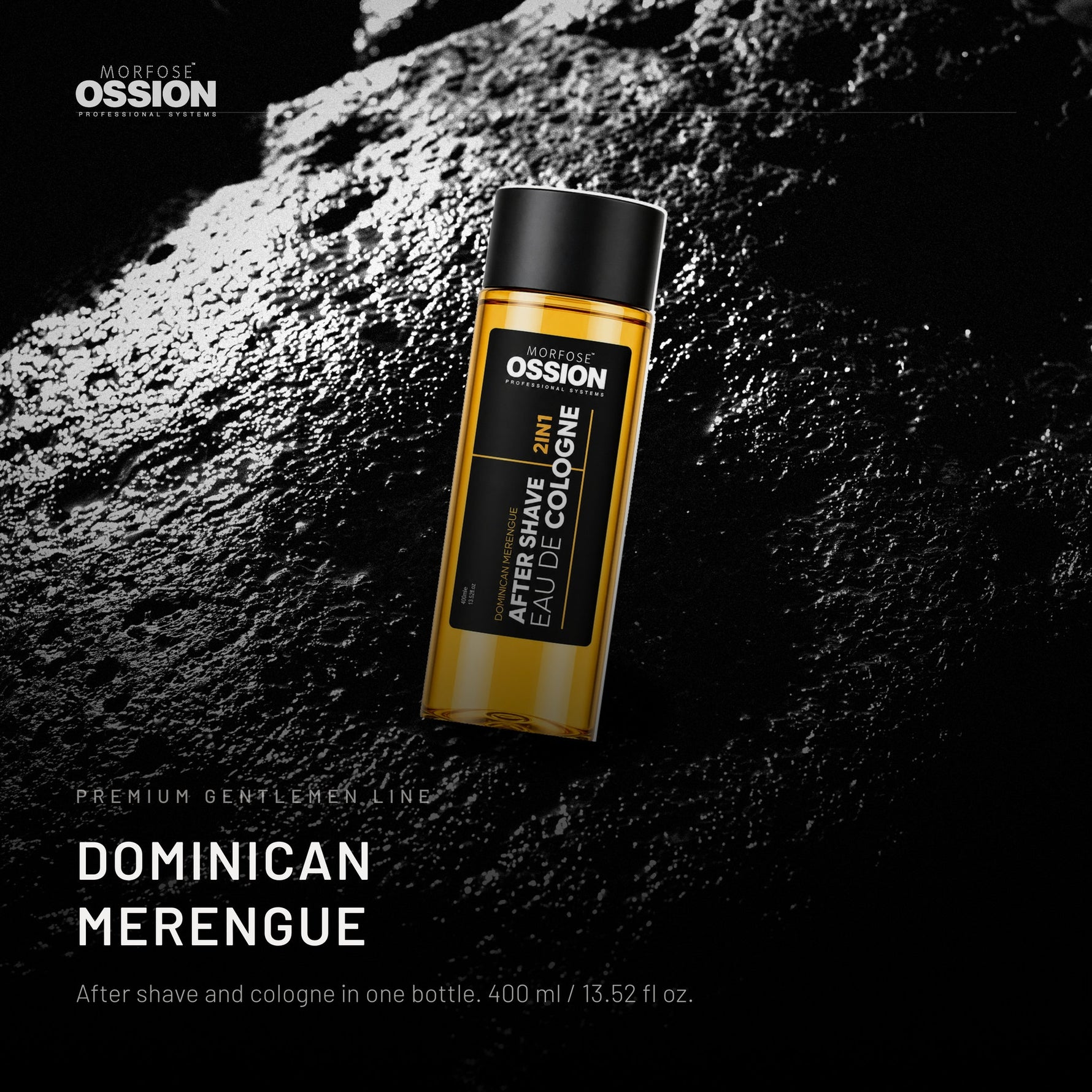Ossion Dominican Merengue After Shave bottle on wet black stone, lit from one side