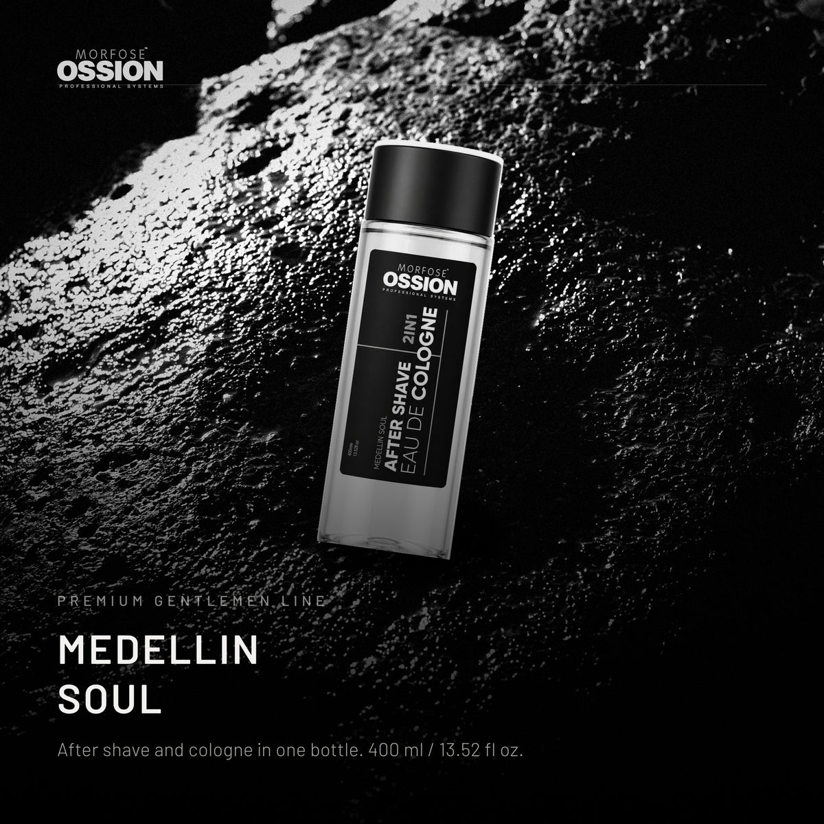 Ossion Medellin Soul After Shave bottle on wet black stone, lit from one side