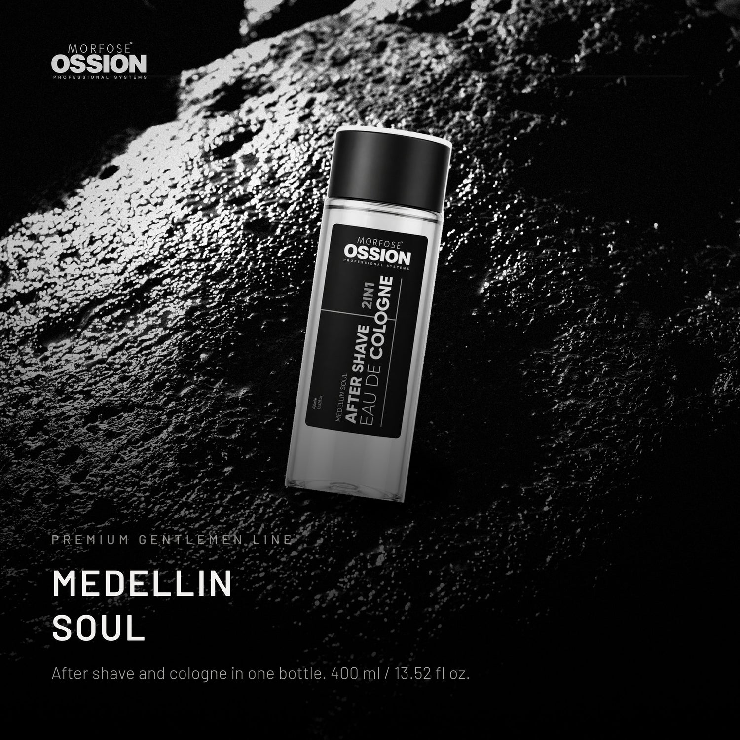 Ossion Medellin Soul After Shave bottle on wet black stone, lit from one side