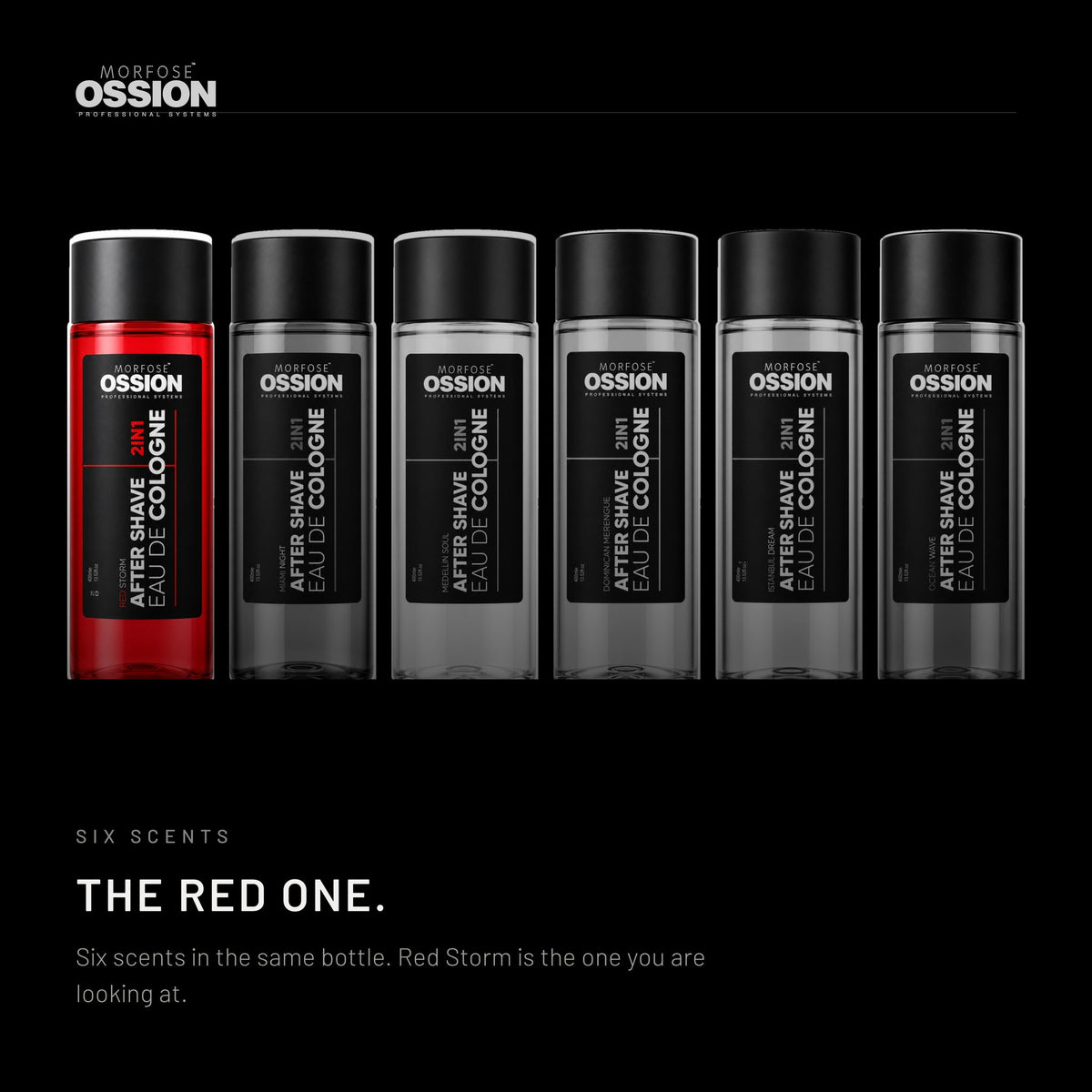 The six Ossion scents side by side, Red Storm in colour