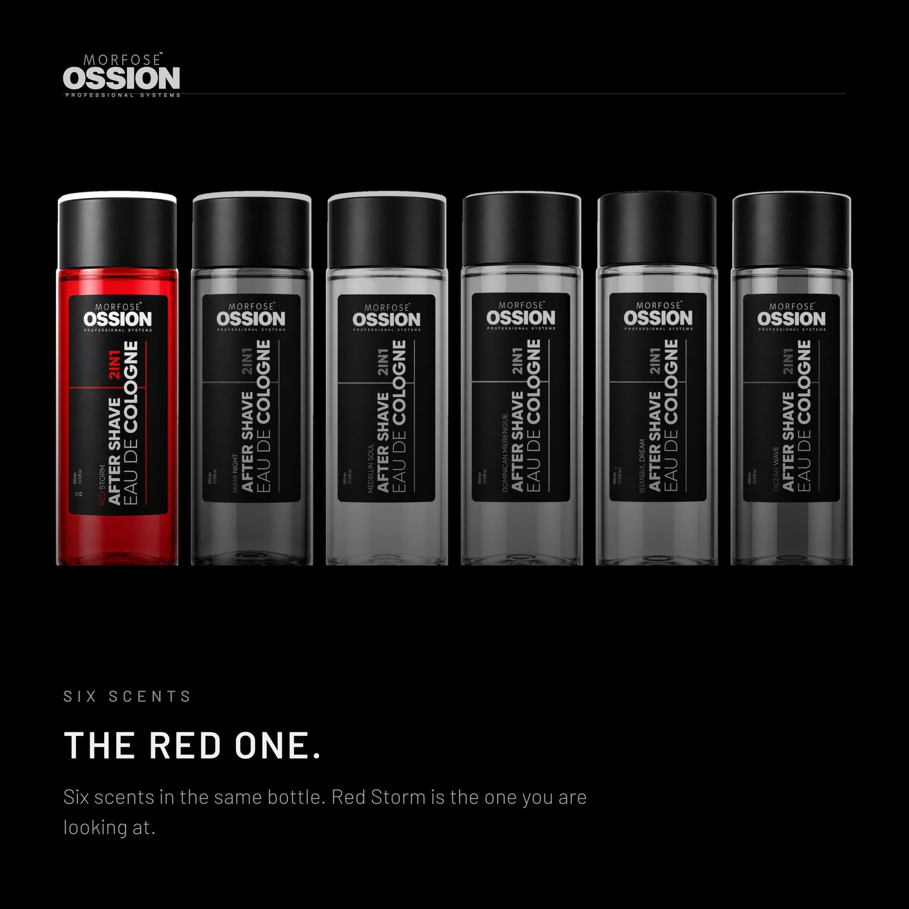The six Ossion scents side by side, Red Storm in colour