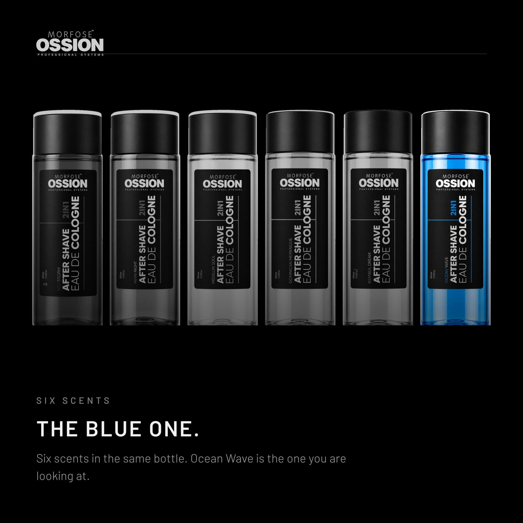 The six Ossion scents side by side, Ocean Wave in colour
