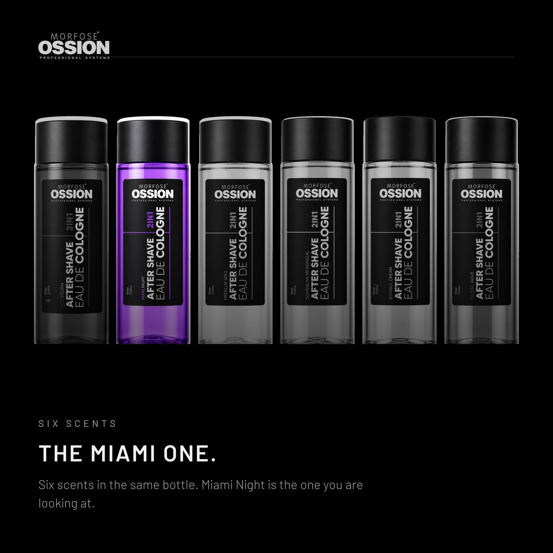 The six Ossion scents side by side, Miami Night in colour